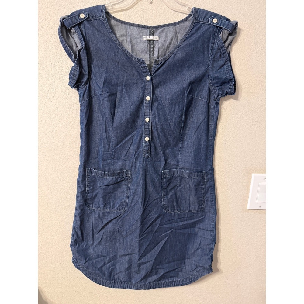 GAP 1969 Denim Jean Dress Short Sleeve Button Front Pockets XS